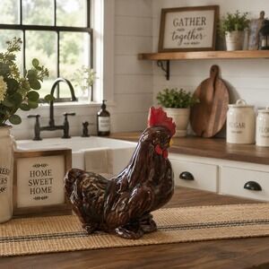 Vintage Ceramic Brown Rooster Figurine Red Comb Yellow‎ Beak Farmhouse Decor